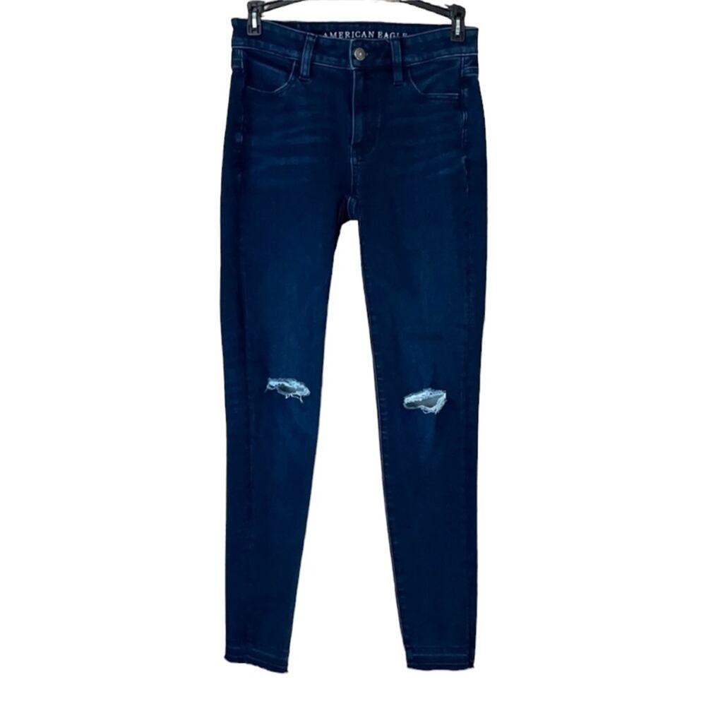 American Eagle Hi-Rise Jegging Distressed Skinny Jeans Dark Blue Size 0